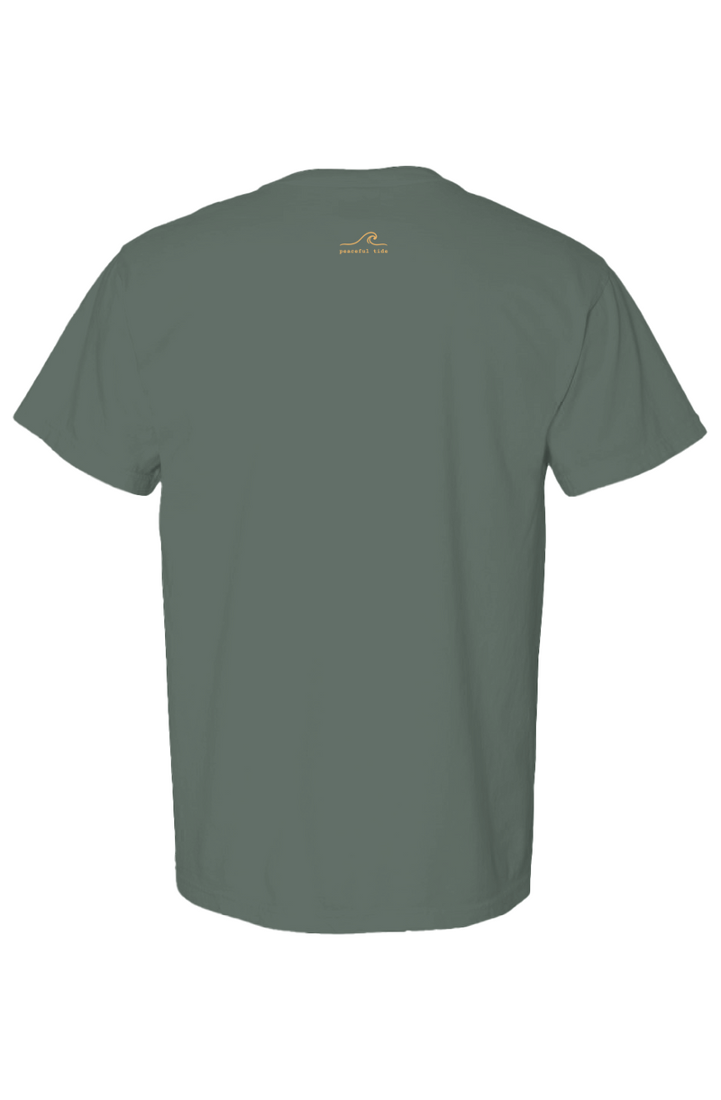 Calm Is a Practice Tee in Blue Spruce, folded flat