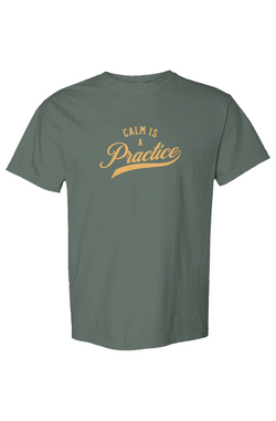 Calm Is a Practice Tee in Blue Spruce, front view on model