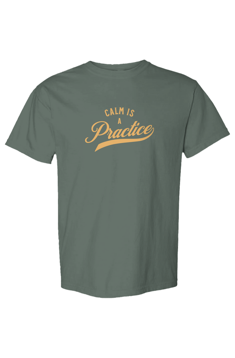 Calm Is a Practice Tee in Blue Spruce, front view on model