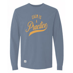 Calm Is a Practice Long Sleeve Tee in Blue Jean, front view on model