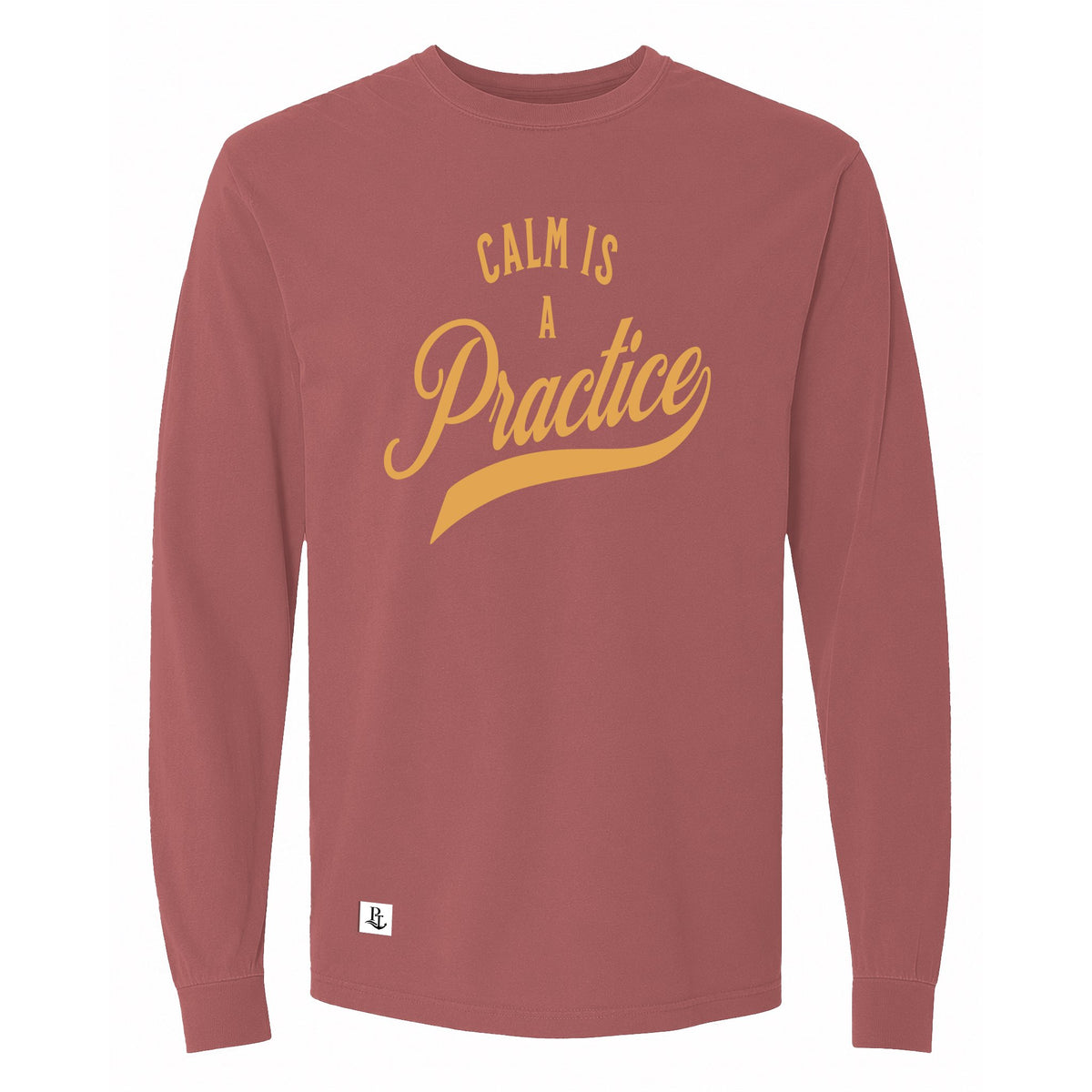 Calm Is a Practice Long Sleeve Tee in Brick, front view on model