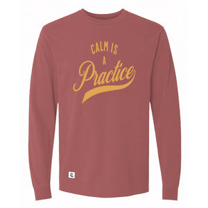 Calm Is a Practice Long Sleeve Tee in Brick, front view on model