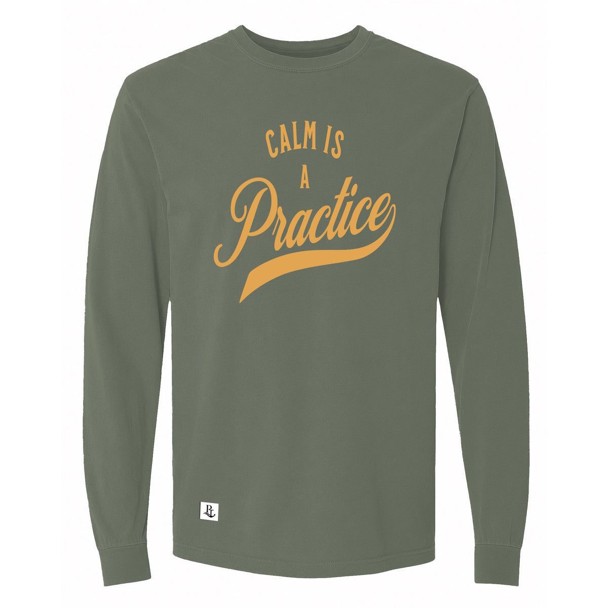 Calm Is a Practice Long Sleeve Tee in Hemp, front view on model