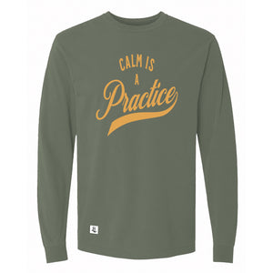 Calm Is a Practice Long Sleeve Tee in Hemp, front view on model