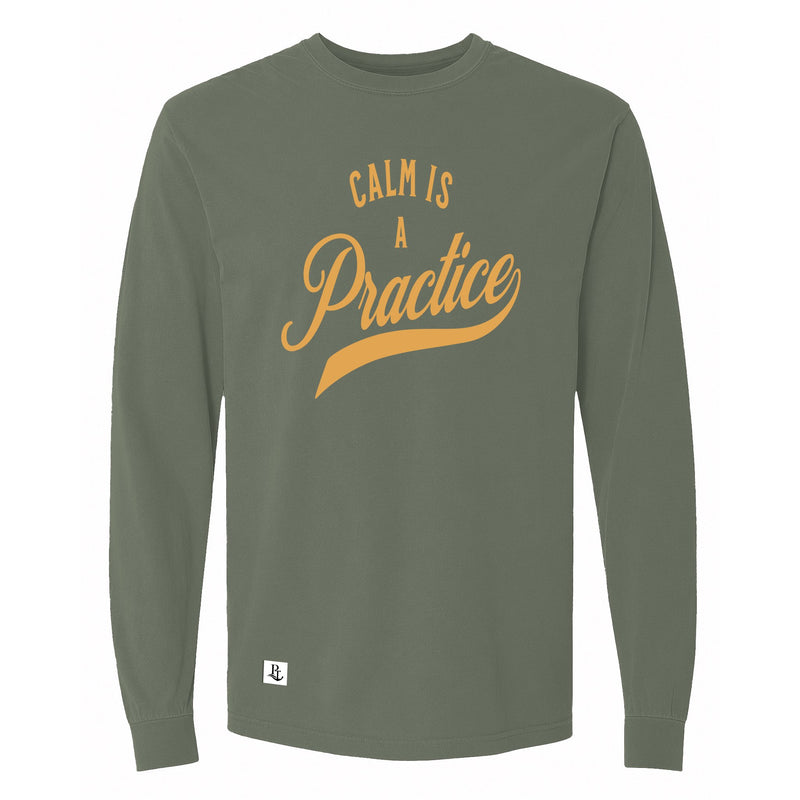 Calm Is a Practice Long Sleeve Tee in Hemp, front view on model