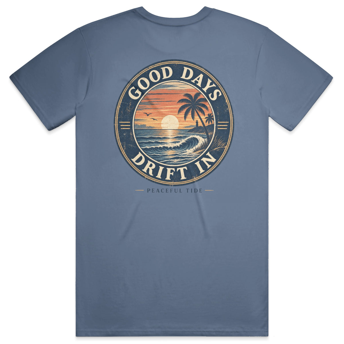 Good Days Drift In Tee in Blue Jean, back view on model