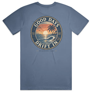 Good Days Drift In Tee in Blue Jean, back view on model