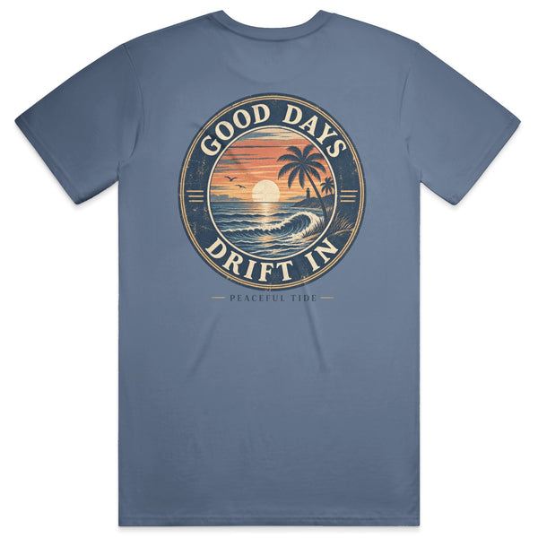 Good Days Drift In Tee in Blue Jean, back view on model