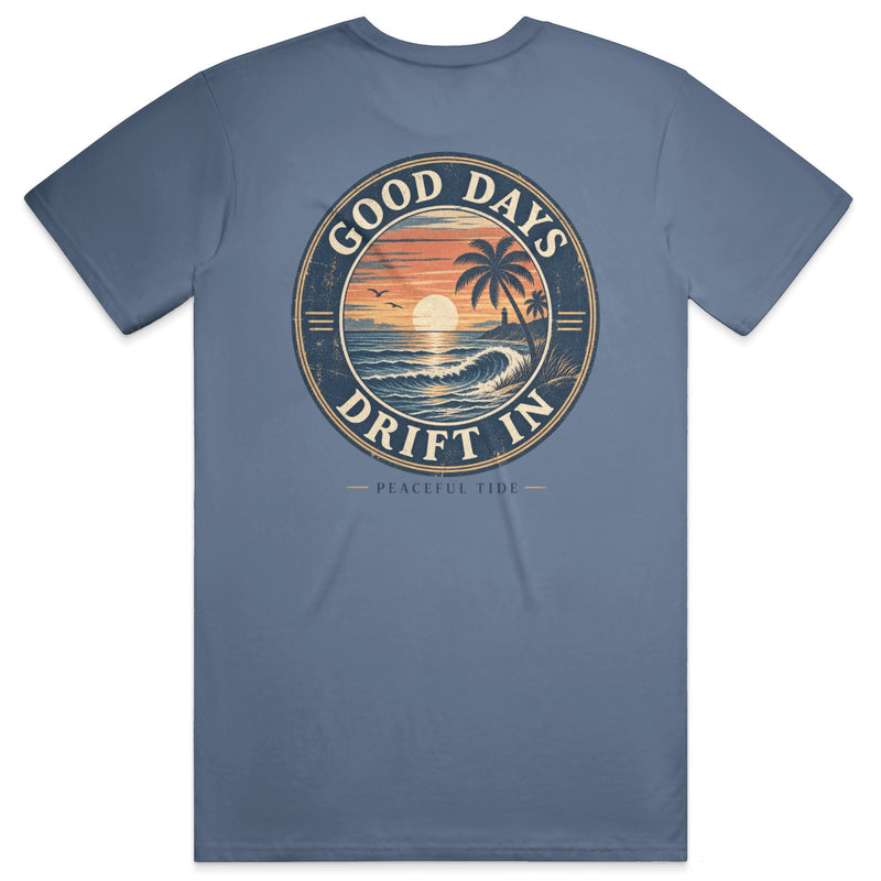 Good Days Drift In Tee in Blue Jean, back view on model