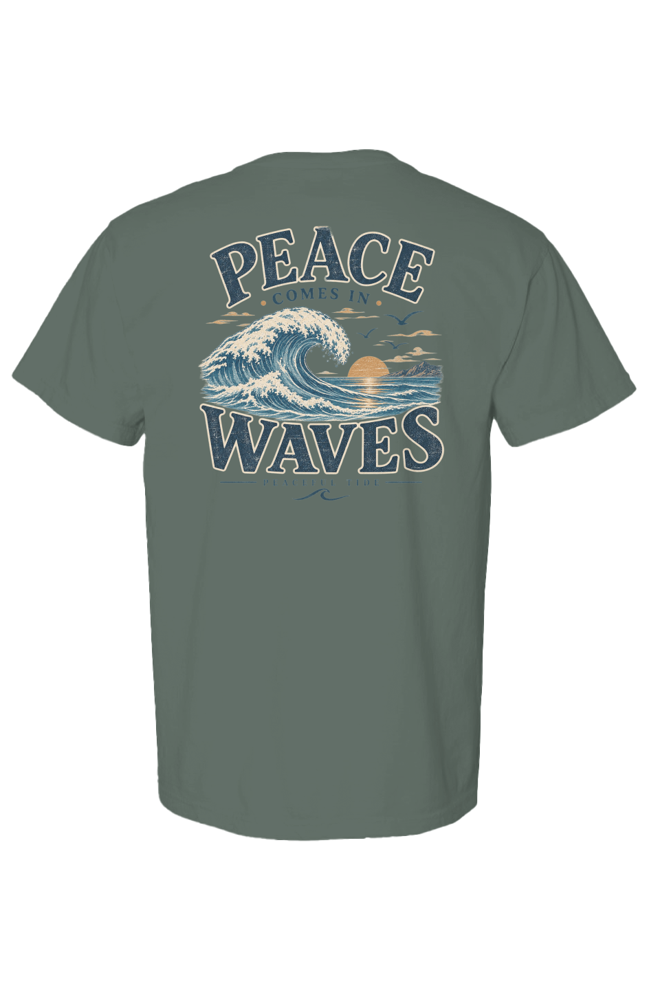 Peace Comes in Waves Tee in Blue Spruce — folded flat