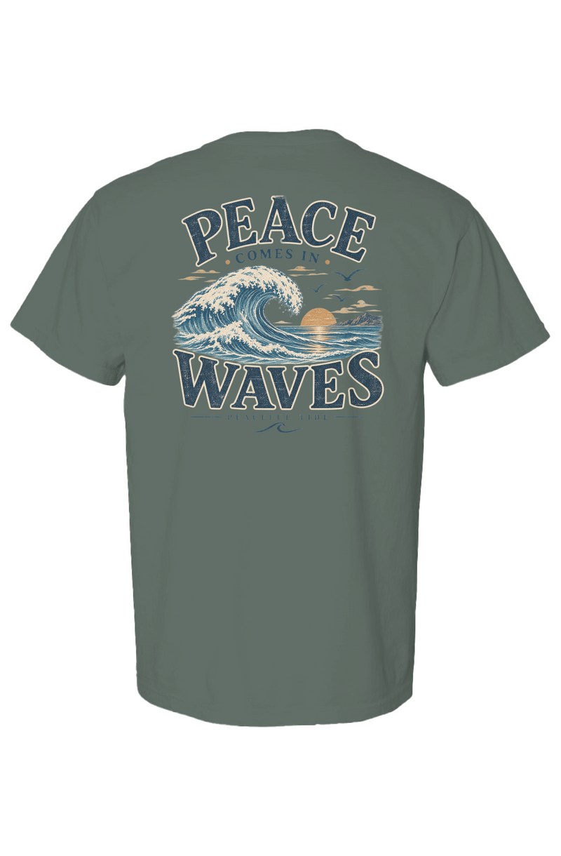 Peace Comes in Waves Tee in Blue Spruce — folded flat