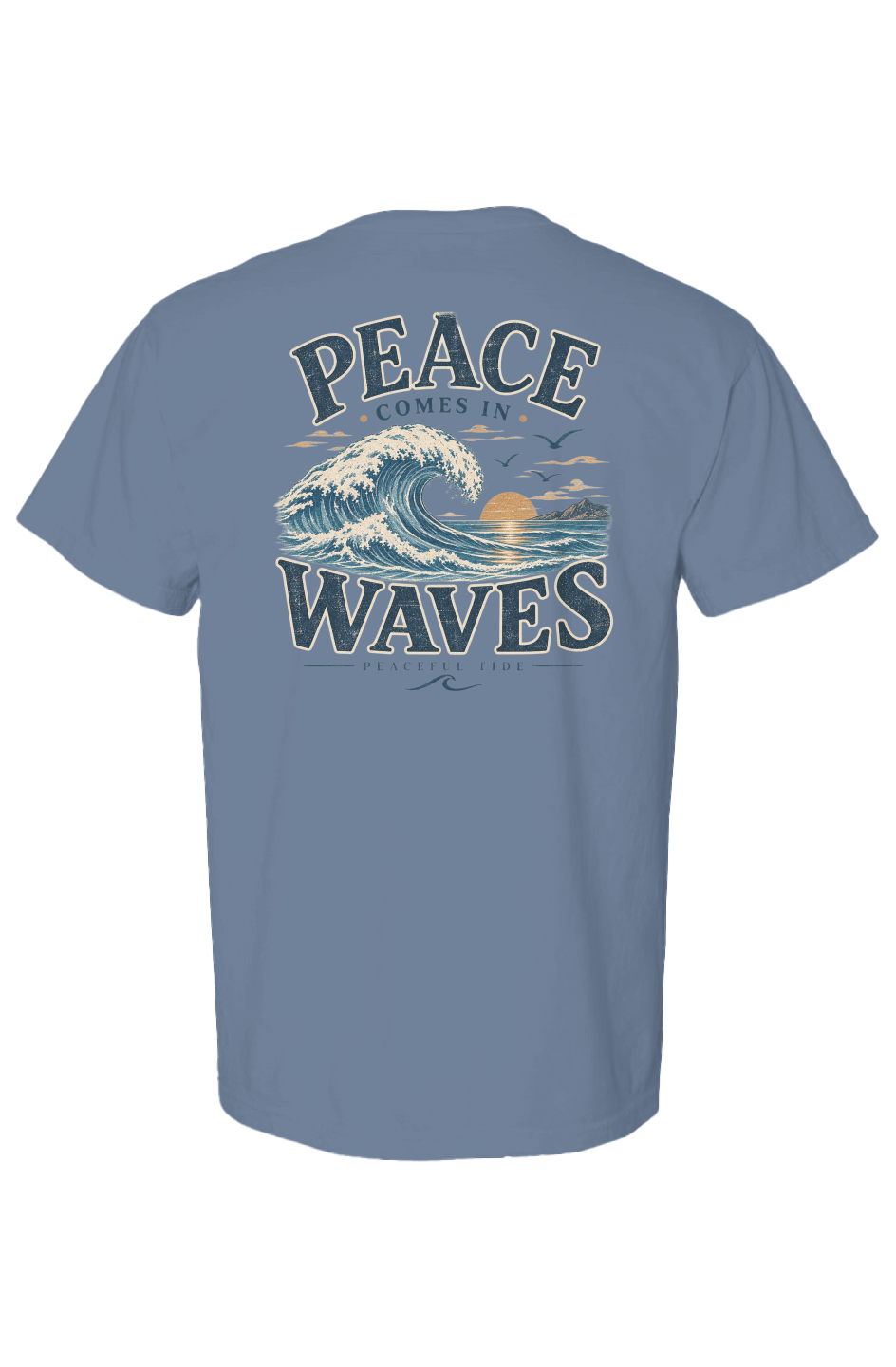 Peace Comes in Waves Tee in Blue Jean — folded flat