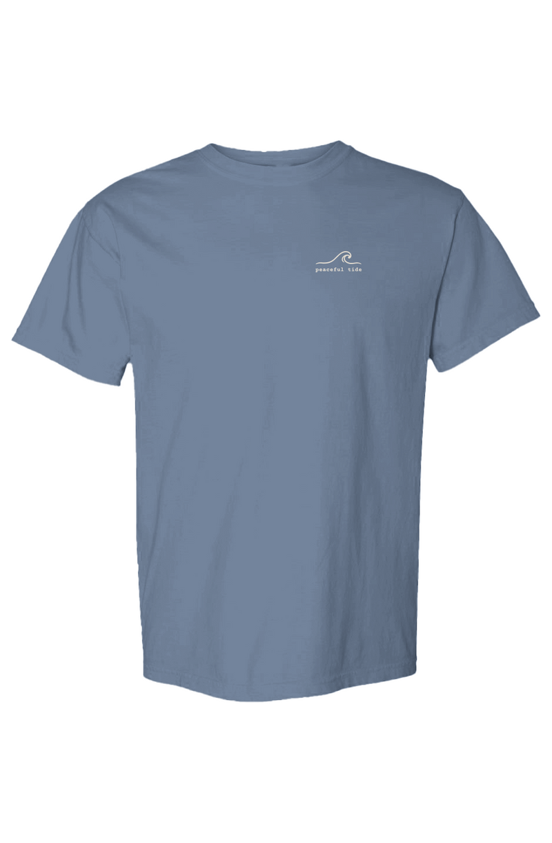 Peace Comes in Waves Tee in Blue Jean — on model, front view