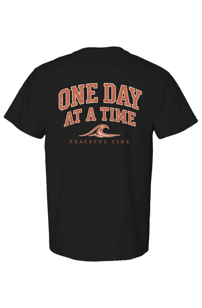 One Day At A Time Tee in black — folded flat