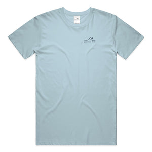 Rest Is Still Progress Tee in chambray — on model, back view
