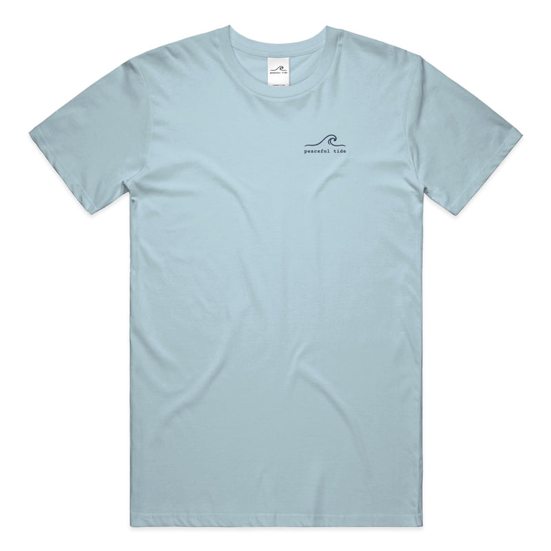 Rest Is Still Progress Tee in chambray — on model, back view