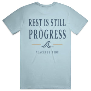 Rest Is Still Progress Tee in chambray — folded flat