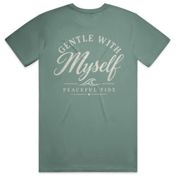 Gentle With Myself Tee in light green — folded flat