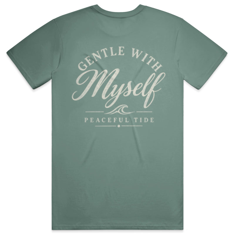 Gentle With Myself Tee in light green — folded flat