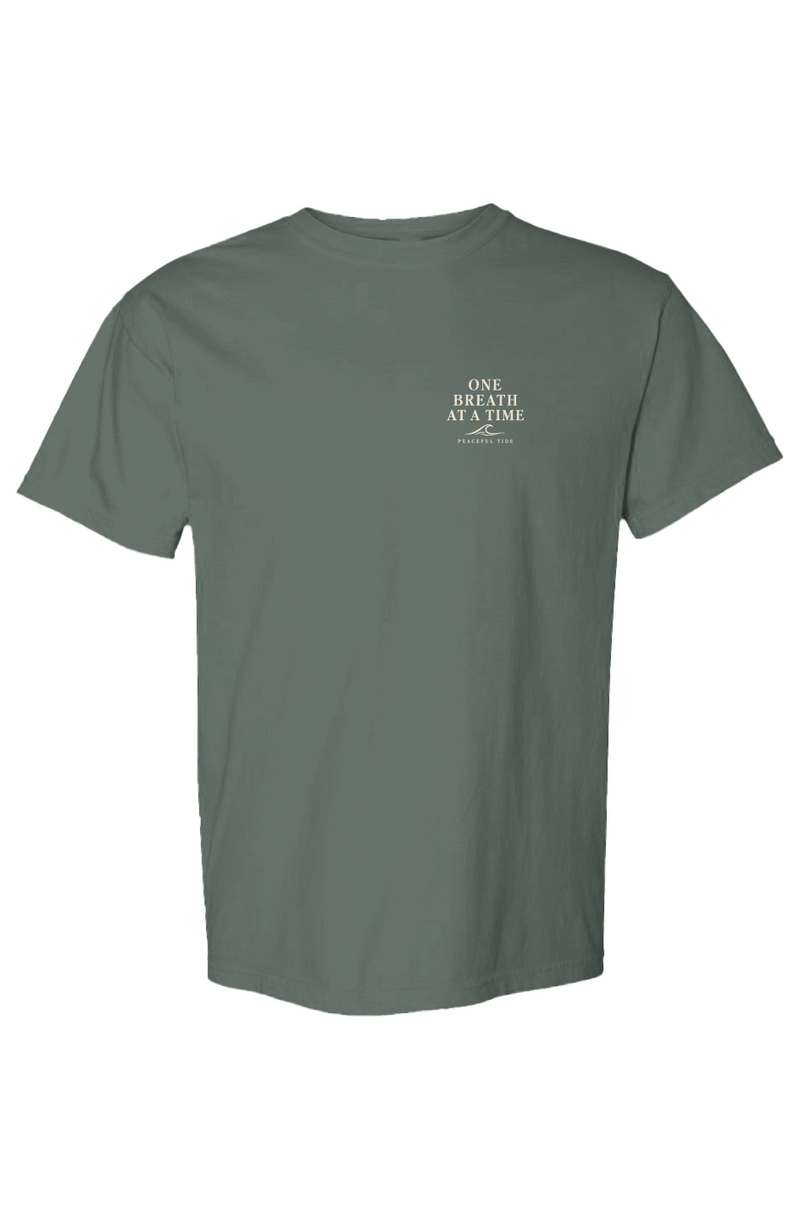 One Breath At A Time Tee in Blue Spruce — Front, worn on model