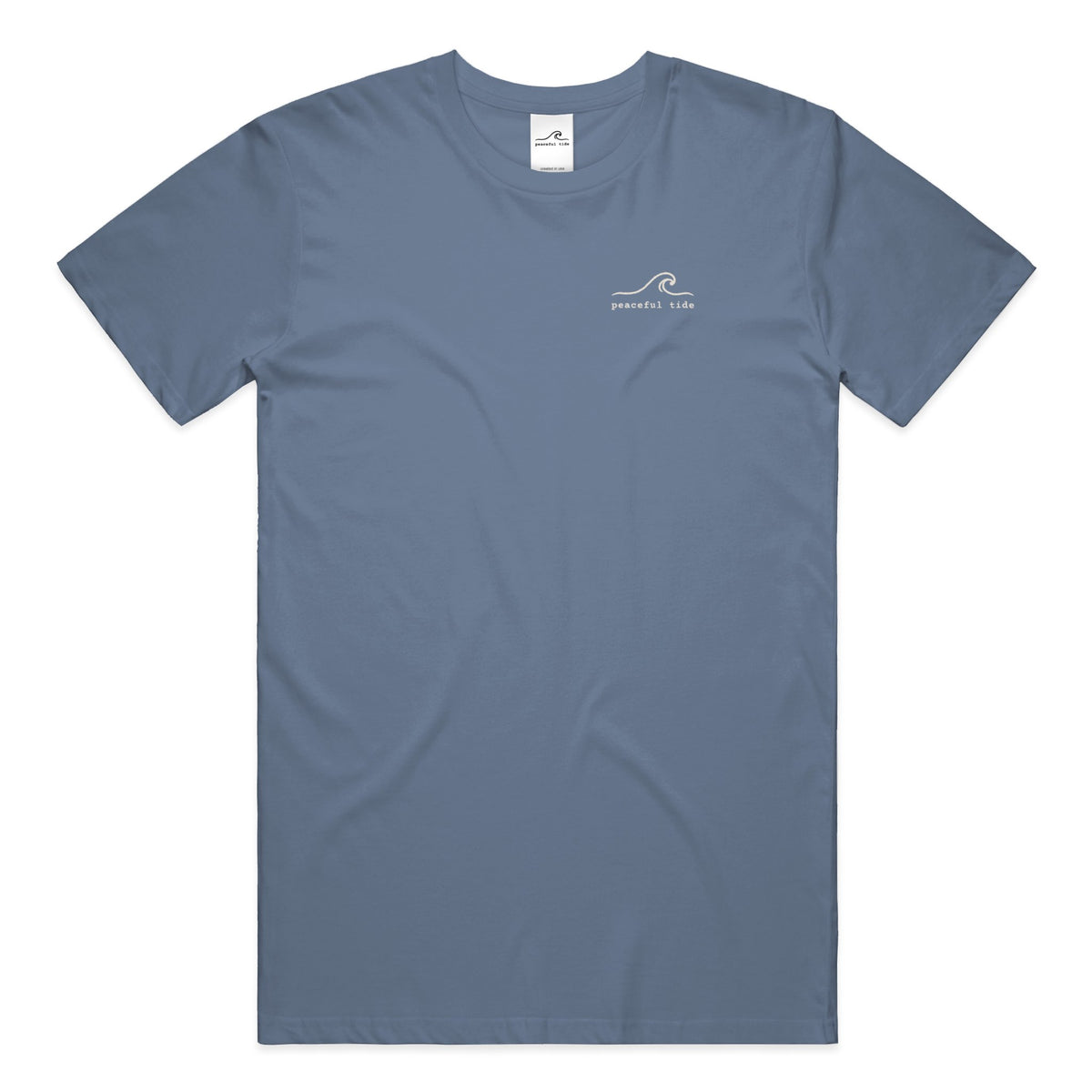 Still Here Still Trying Mental Health Awareness Tee in Blue Jean — Front, worn on model