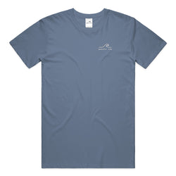 Still Here Still Trying Mental Health Awareness Tee in Blue Jean — Front, worn on model