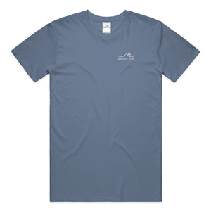 Still Here Still Trying Mental Health Awareness Tee in Blue Jean — Front, worn on model