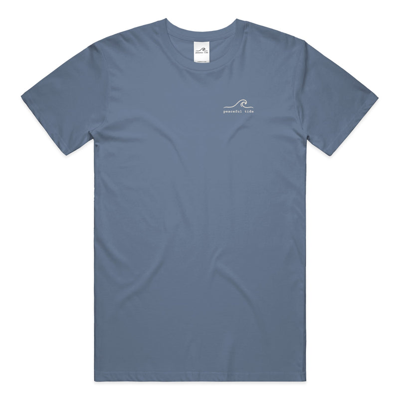 Still Here Still Trying Mental Health Awareness Tee in Blue Jean — Front, worn on model