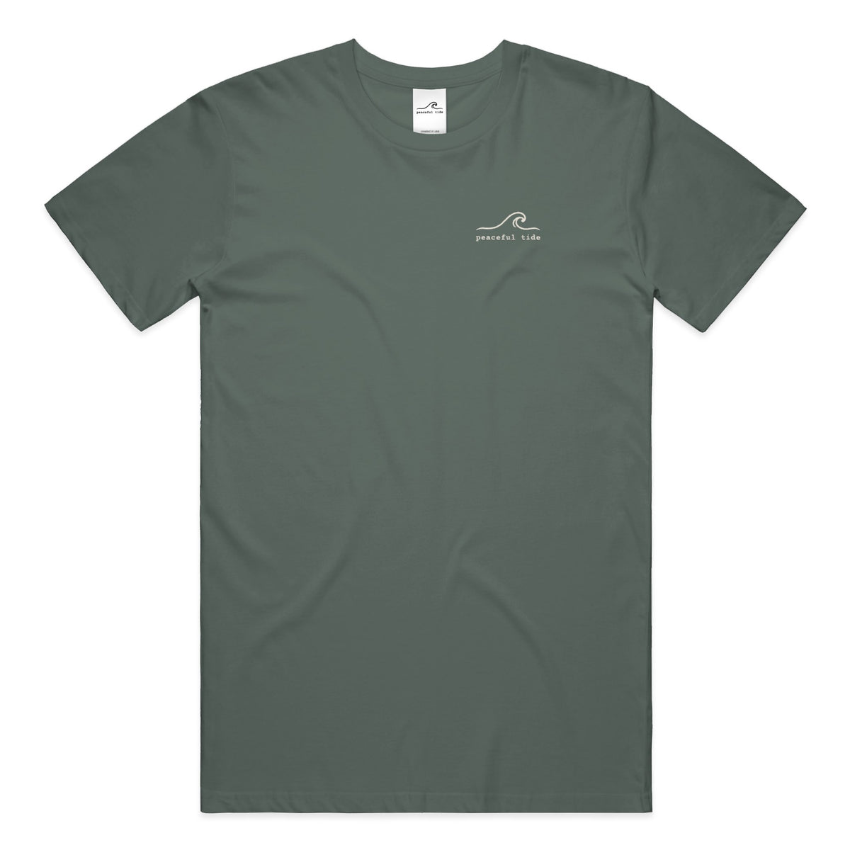 Still Here Still Trying Mental Health Awareness Tee in Blue Spruce — Front, worn on model
