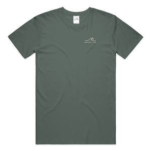 Still Here Still Trying Mental Health Awareness Tee in Blue Spruce — Front, worn on model