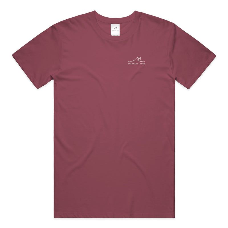 Still Here Still Trying Mental Health Awareness Tee in Chili — Front, worn on model