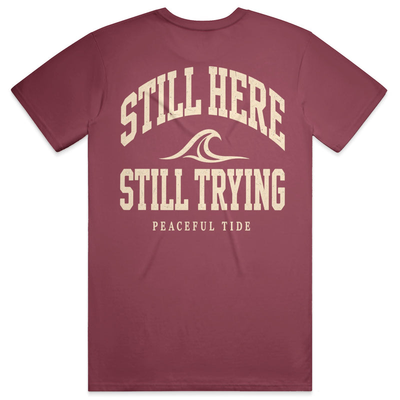 Still Here Still Trying Mental Health Awareness Tee in Chili — Back, worn on model