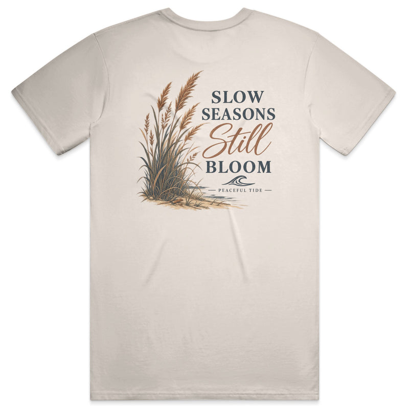Slow Seasons Still Bloom Tee in Ivory — Back, worn on model