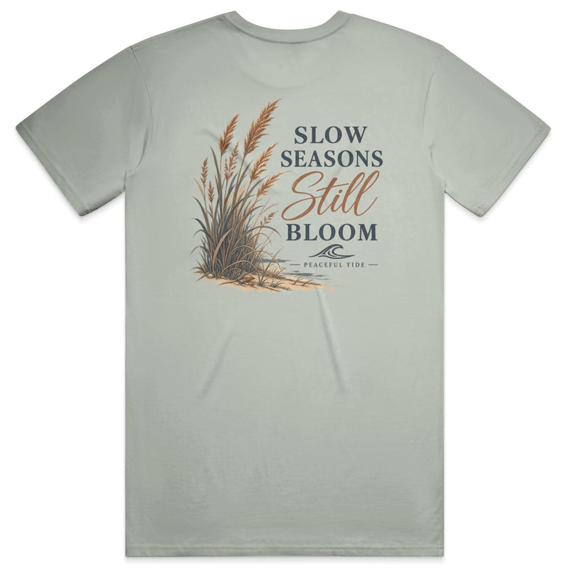 Slow Seasons Still Bloom Tee in Bay — Back, worn on model