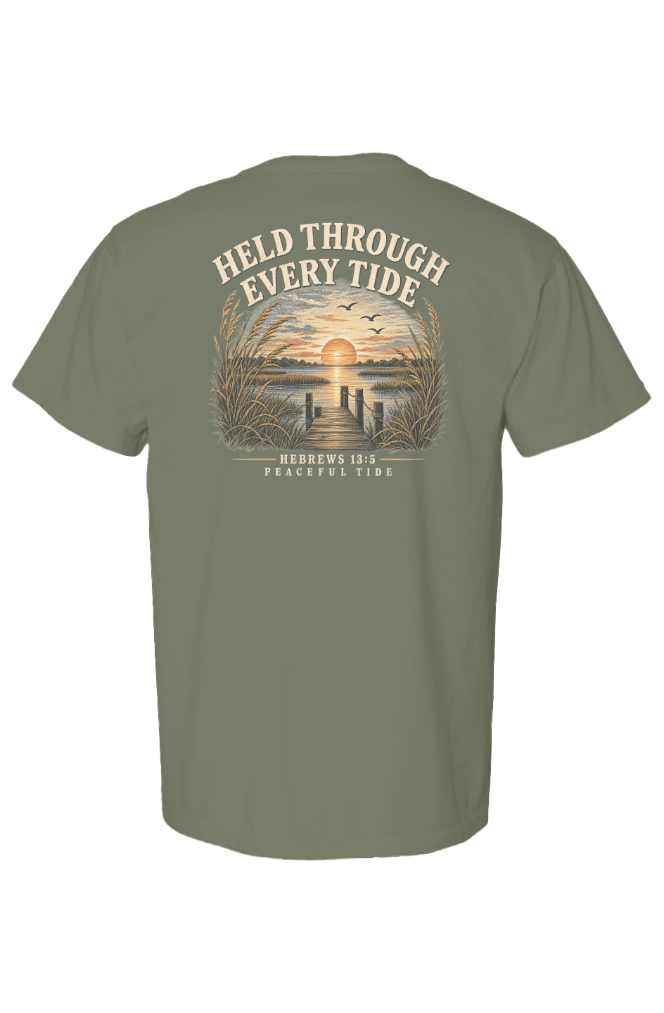 Held Through Every Tide Tee in Moss — Back, worn on model