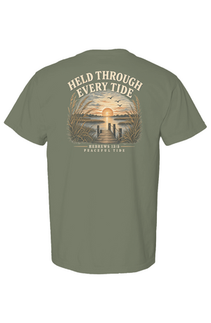 Held Through Every Tide Tee in Moss — Back, worn on model