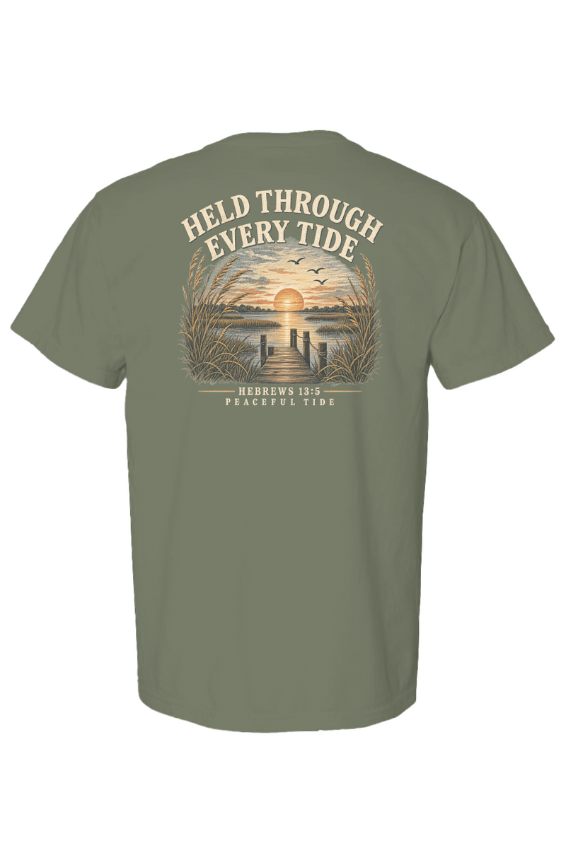 Held Through Every Tide Tee in Moss — Back, worn on model