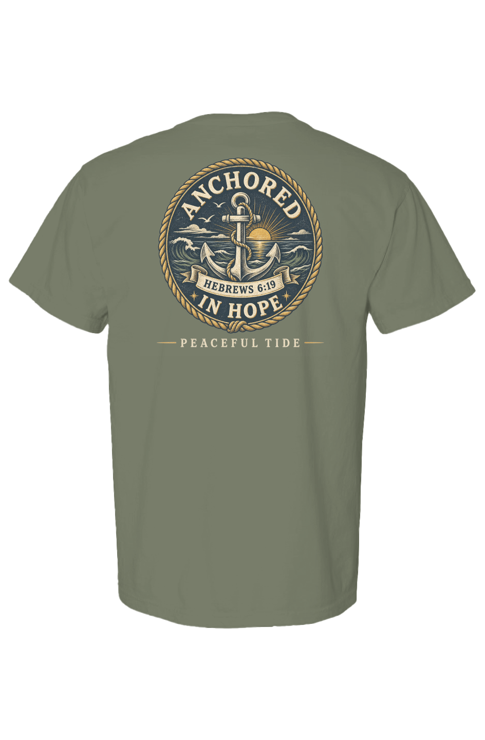 Anchored In Hope Tee in Moss — Back, worn on model