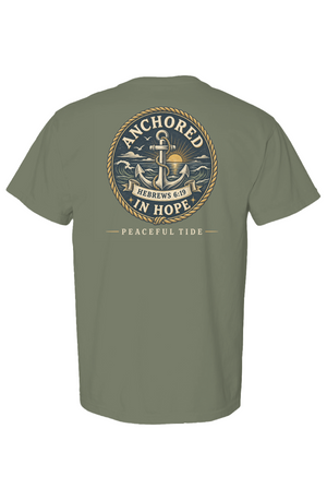 Anchored In Hope Tee in Moss — Back, worn on model