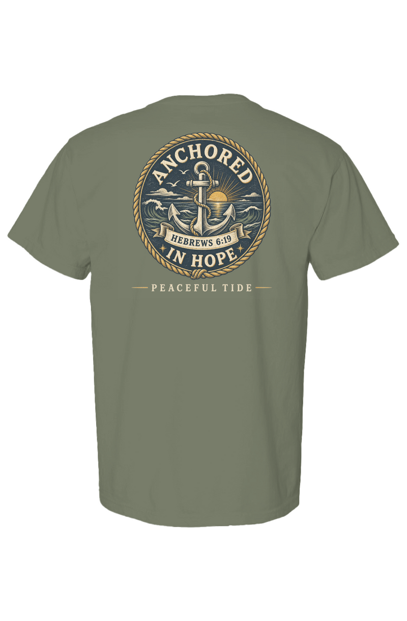 Anchored In Hope Tee in Moss — Back, worn on model