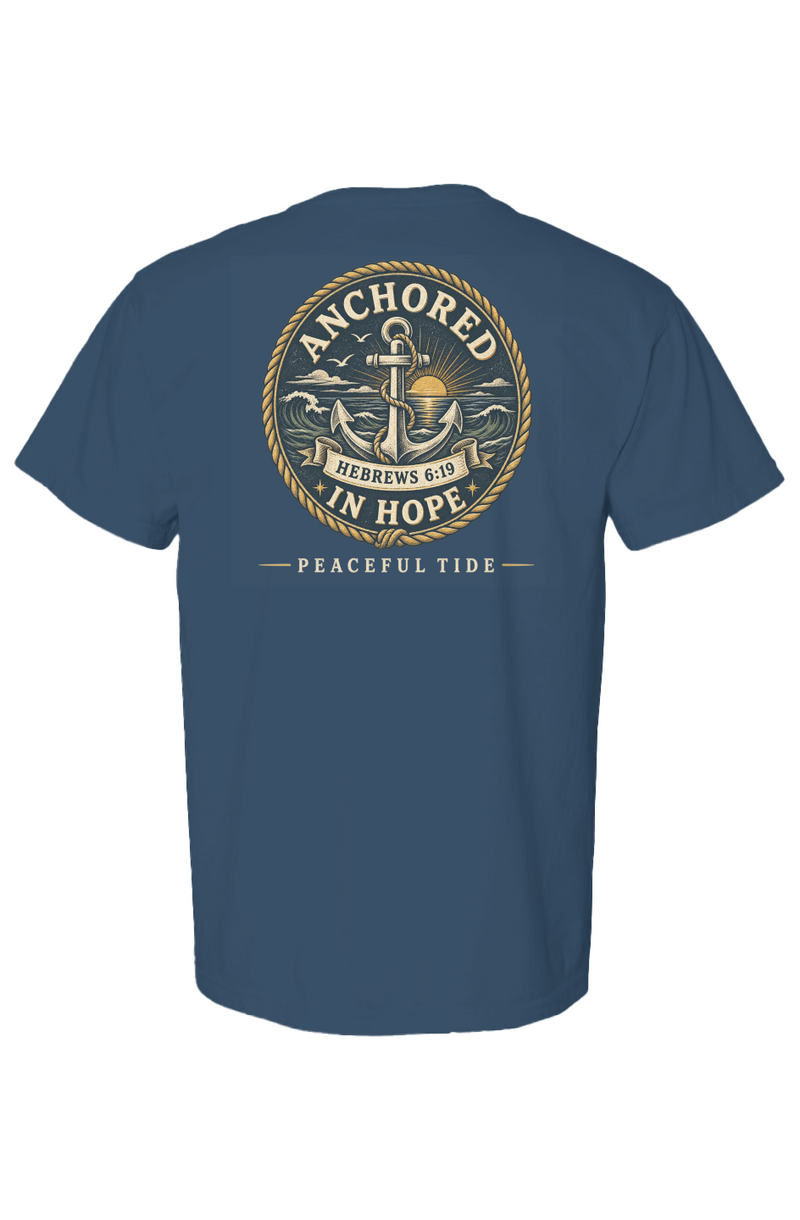 Anchored In Hope Tee in midnight — Back, worn on model