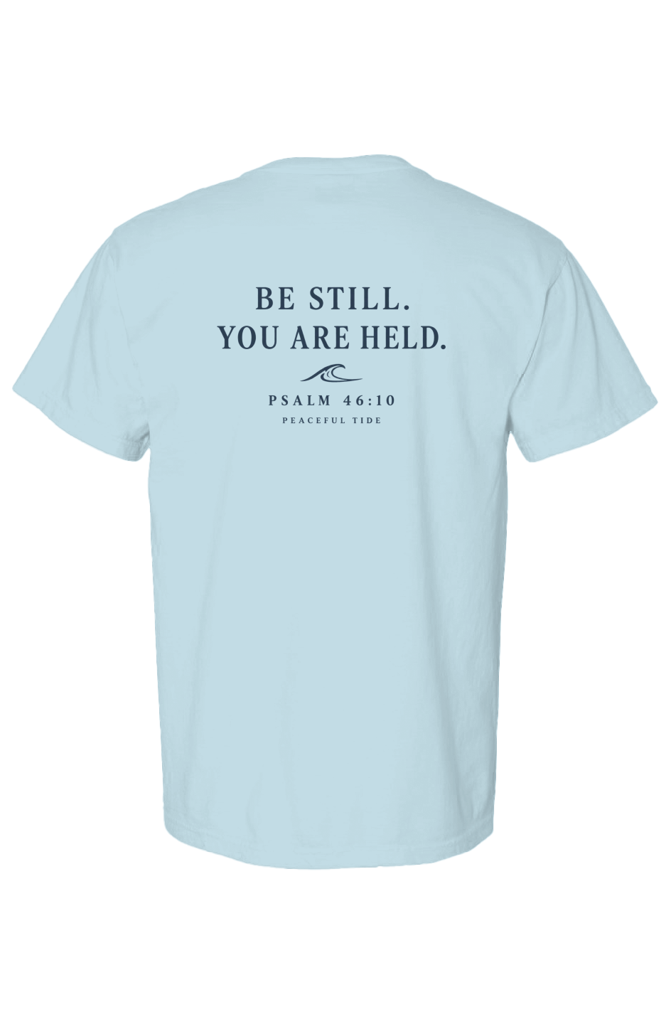 Be Still, You Are Held Tee in chambray — Front, worn on model