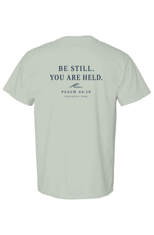 Be Still, You Are Held Tee in Bay — Front, worn on model