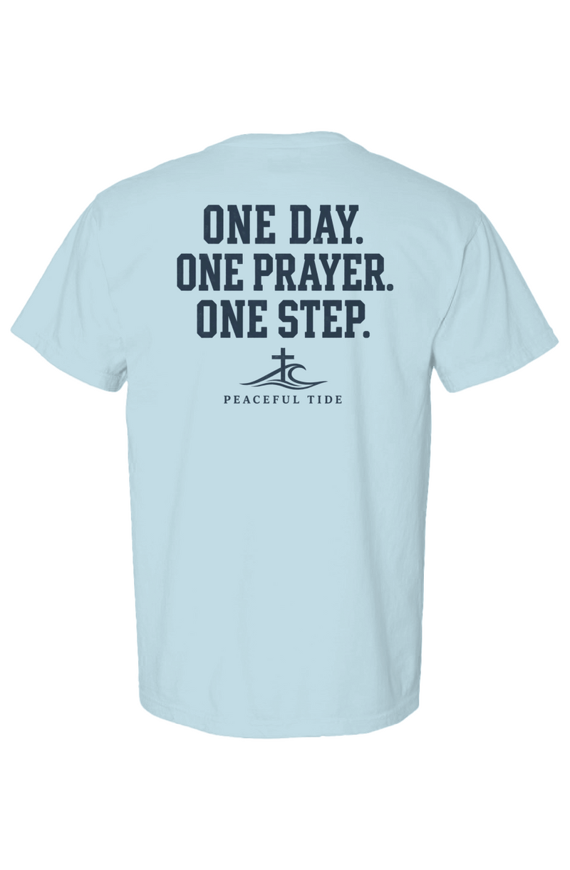 One Day, One Prayer, One Step Tee in chambray — Back, worn on model