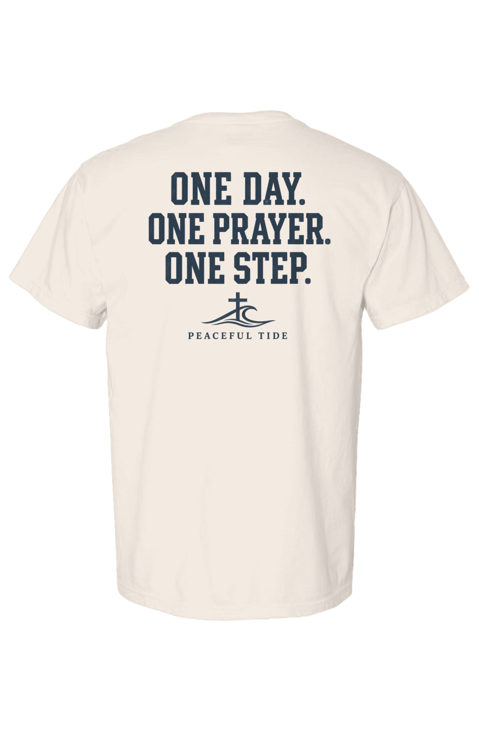 One Day, One Prayer, One Step Tee in Ivory — Back, worn on model
