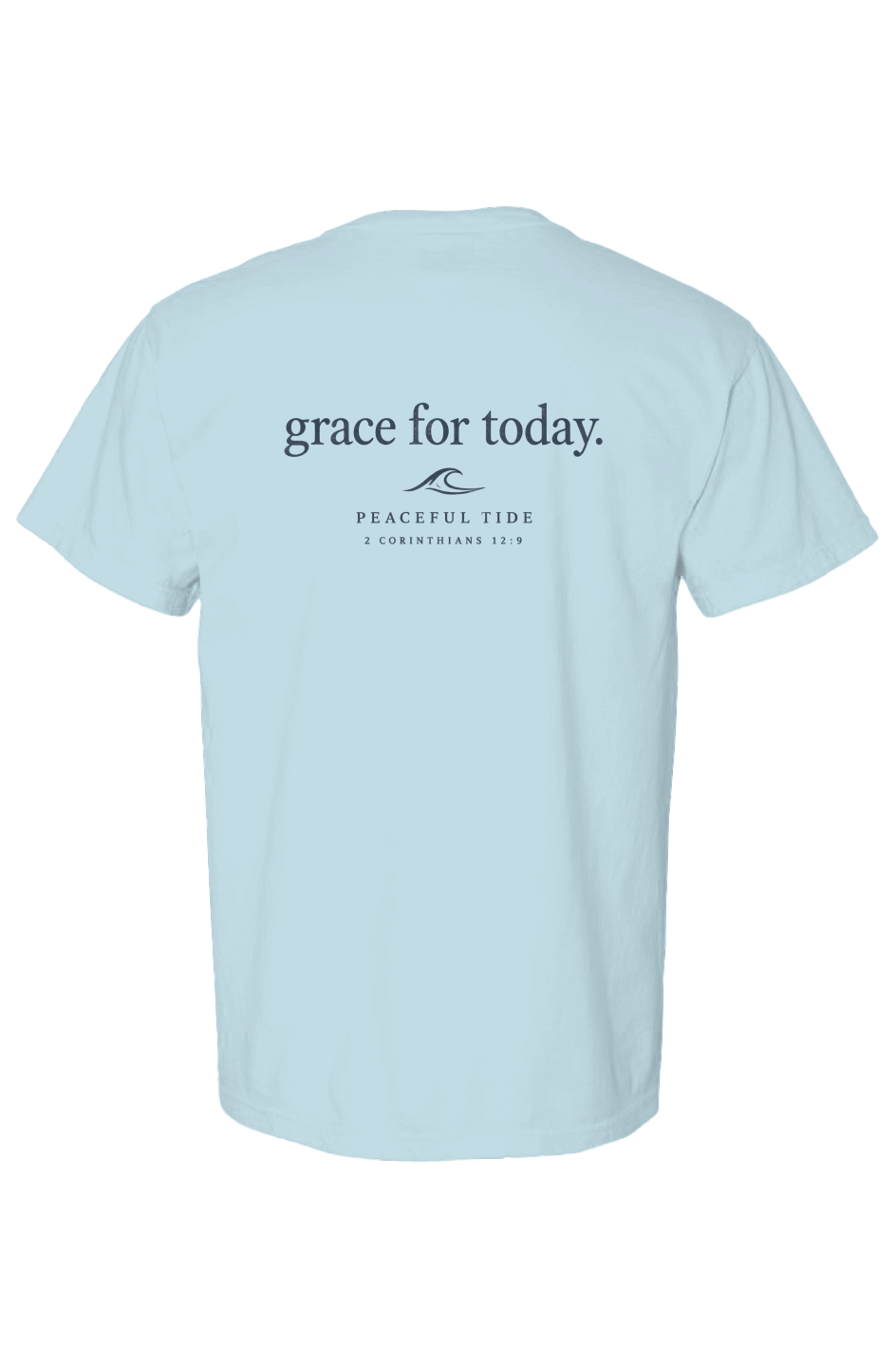 Grace For Today Tee in chambray — Back, worn on model