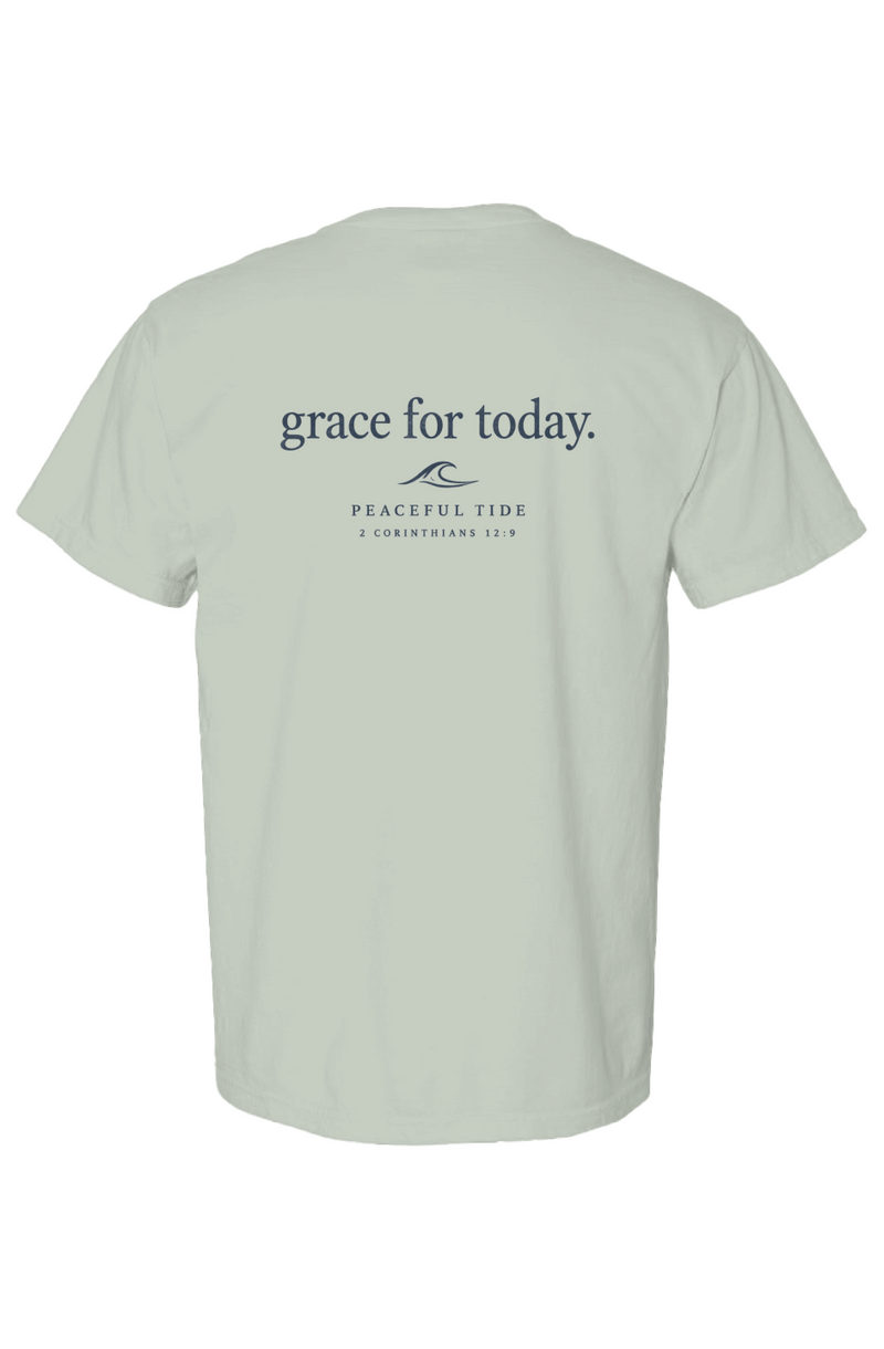 Grace For Today Tee in Bay — Back, worn on model