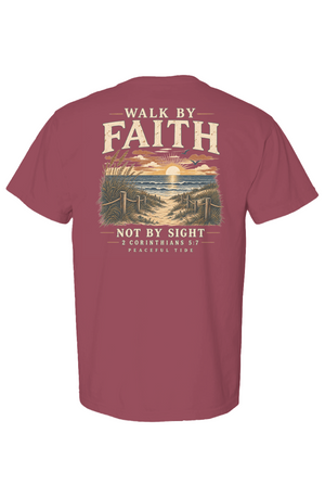 Walk By Faith Tee in Chili — Front, worn on model
