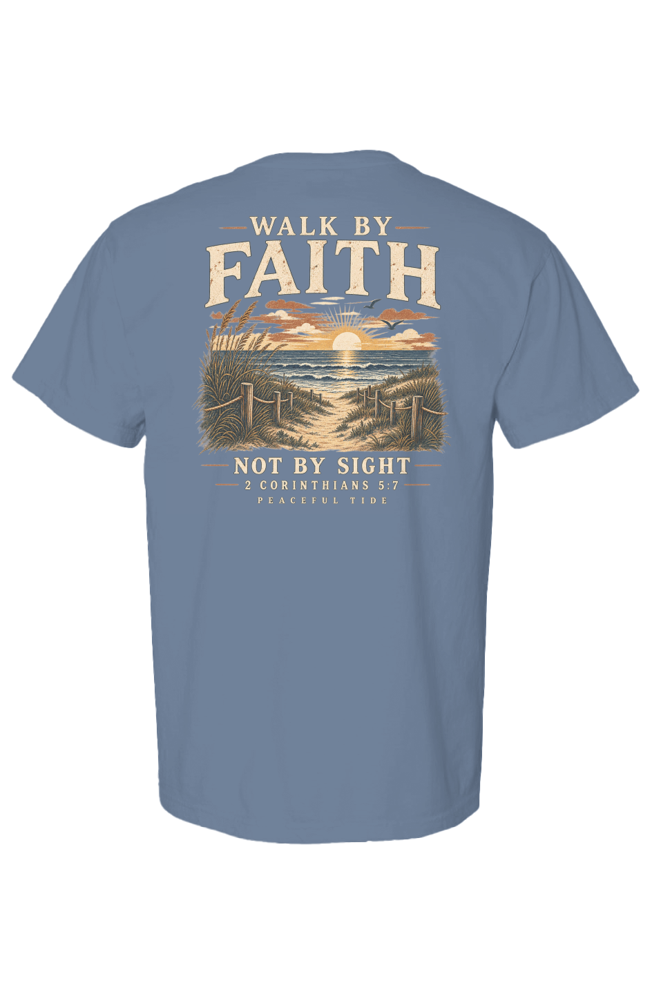 Walk By Faith Tee in Blue Jean — Front, worn on model