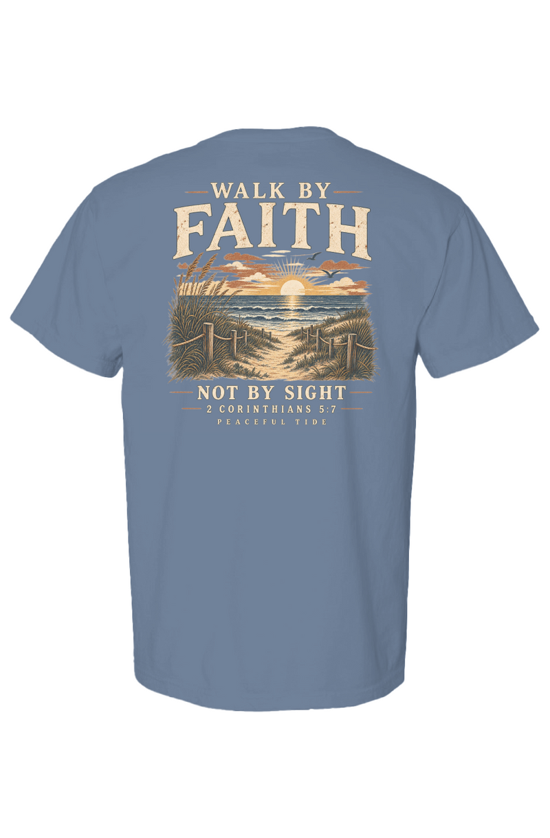 Walk By Faith Tee in Blue Jean — Front, worn on model